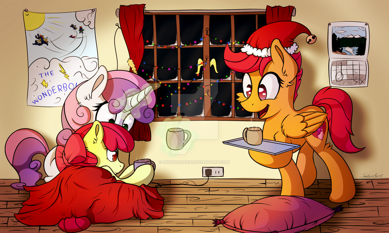 Size: 1280x768 | Tagged: safe, artist:sentireaeris, derpibooru import, apple bloom, scootaloo, sweetie belle, earth pony, pegasus, pony, unicorn, blanket, calendar, chocolate, christmas, christmas lights, clubhouse, commission, crusaders clubhouse, cup, curtains, cutie mark crusaders, food, hat, holiday, hot chocolate, magic, mug, open mouth, pillow, poster, santa hat, serving tray, snow, telekinesis, watermark, window, winter, wonderbolts poster