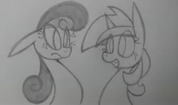 Size: 3264x1920 | Tagged: safe, artist:poorlydrawnpony, derpibooru import, bon bon, lyra heartstrings, sweetie drops, earth pony, pony, unicorn, bust, duo, floppy ears, grayscale, looking at each other, monochrome, smiling, traditional art