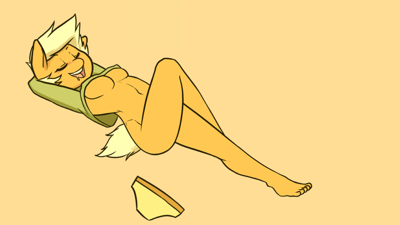 Size: 1920x1080 | Tagged: anthro, applejack, artist:hot headed clover, barefoot, blushing, bottomless, breasts, clothes, crossed legs, derpibooru import, edit, feet, food, oc, oc:sparkling cider, panties, partial nudity, plantigrade anthro, questionable, ultimare universe, underboob, underwear, wallpaper, yellow underwear