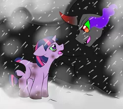 Size: 3600x3200 | Tagged: semi-grimdark, artist:jolliapplegirl, derpibooru import, king sombra, twilight sparkle, pony, unicorn, dark star au, the cutie re-mark, alternate timeline, blank flank, bruised, crying, crystal war timeline, dark magic, female, filly, filly twilight sparkle, frostbite, magic, snow, snow storm, snowfall, sombra eyes, story included, younger