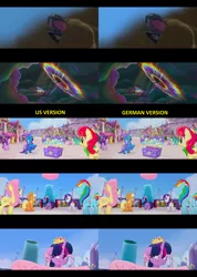 Size: 3200x4500 | Tagged: safe, derpibooru import, edit, edited screencap, screencap, apple bumpkin, applejack, cantaloupe (character), dawn sunrays, fluttershy, rainbow dash, rarity, starlight glimmer, trixie, twilight sparkle, twilight sparkle (alicorn), unnamed pony, alicorn, earth pony, pegasus, pony, unicorn, my little pony: the movie, absurd resolution, apple family member, background pony, cake, canterlot, cape, clothes, comparison, eyes closed, female, fireworks, floppy ears, food, happy, hat, mare, open mouth, party cannon, rearing, smiling, sonic rainboom, trixie's cape, trixie's hat