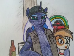 Size: 800x600 | Tagged: safe, artist:pony quarantine, derpibooru import, pipsqueak, princess luna, alicorn, pony, semi-anthro, /mlp/, 4chan, bandana, biker bar, biker luna, choker, clothes, colored, cute, drawthread, duo, frown, jukebox, lidded eyes, lipstick, looking at you, male, sons of anarchy, tattoo, the other biker princess from equestria, vest