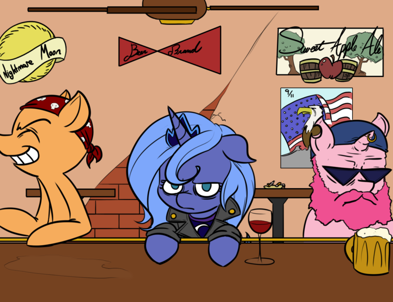 Size: 1300x1000 | Tagged: safe, anonymous artist, derpibooru import, princess luna, pony, /mlp/, 4chan, alcohol, angry, bar, beer, biker bar, biker luna, clothes, colored, cute, drawthread, glass, jacket, leather jacket, lunabetes, s1 luna, the other biker princess from equestria, wine glass