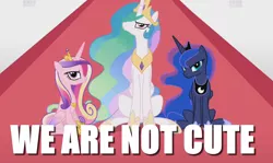 Size: 1208x720 | Tagged: safe, derpibooru import, edit, edited screencap, screencap, princess cadance, princess celestia, princess luna, alicorn, pony, twilight's kingdom, angry, blatant lies, cute, cutedance, denial, female, frown, glare, i'm not cute, image macro, looking at you, luna is not amused, mare, meme, sitting