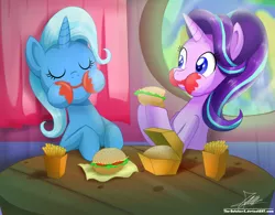 Size: 2226x1734 | Tagged: safe, artist:the-butch-x, derpibooru import, starlight glimmer, trixie, pony, unicorn, aweeg*, burger, commission, cute, diatrixes, eating, eyes closed, female, food, french fries, glimmerbetes, hay burger, hay fries, mare, messy eating, signature, table