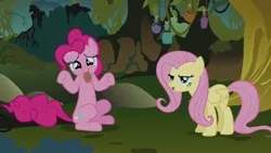 Size: 1280x720 | Tagged: safe, derpibooru import, screencap, fluttershy, pinkie pie, earth pony, pegasus, pony, bridle gossip, everfree forest, evil enchantress, evil enchantress song, female, flutterguy, mare, spitty pie