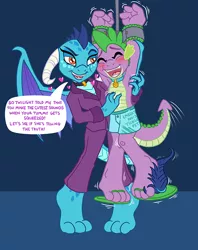 Size: 634x800 | Tagged: suggestive, artist:caroo, derpibooru import, princess ember, spike, anthro, dragon, plantigrade anthro, armpits, barefoot, blushing, bondage, boxers, business suit, choker, clothes, collar, cuffs, emberspike, eyes closed, feet, female, femdom, flip-flops, heart, image, laughing, male, malesub, open mouth, pet tag, png, sandals, shipping, spikesub, straight, submissive, suit, suspended, tail wag, tickle torture, tickling, toe rings, underwear