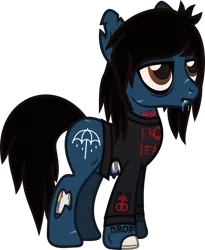 Size: 1000x1218 | Tagged: safe, artist:lightningbolt, derpibooru import, ponified, ponified:oliver sykes, earth pony, pony, undead, zombie, zombie pony, .svg available, bags under eyes, bleeding, blood, bloodshot eyes, bone, bring me the horizon, candy gore, clothes, colored pupils, decaying, dripping blood, drop dead clothing, emo, eyeliner, fangs, frown, gore, hair over one eye, lidded eyes, lip piercing, long sleeves, makeup, male, messy mane, messy tail, nosebleed, patch, piercing, rainbow blood, scar, shirt, simple background, solo, stallion, standing, stitches, svg, tattered, tattoo, torn clothes, torn ear, torn flesh, transparent background, vector
