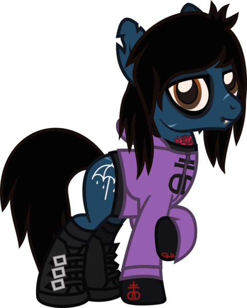 Size: 997x1245 | Tagged: safe, artist:lightningbolt, derpibooru import, ponified, ponified:oliver sykes, earth pony, pony, undead, zombie, zombie pony, .svg available, bags under eyes, bloodshot eyes, boots, bring me the horizon, clothes, colored pupils, drop dead clothing, emo, eyeliner, eyeshadow, fangs, gloves, hair over one eye, hoodie, lidded eyes, lip piercing, long sleeves, looking at you, makeup, male, messy mane, messy tail, piercing, raised hoof, scar, shirt, shoes, simple background, smiling, socks, solo, stallion, standing, svg, tattered, tattoo, torn ear, transparent background, undershirt, vector, zipper