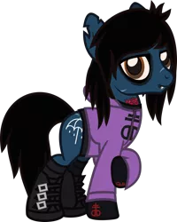 Size: 997x1245 | Tagged: safe, artist:lightningbolt, derpibooru import, ponified, ponified:oliver sykes, earth pony, pony, undead, zombie, zombie pony, .svg available, bags under eyes, bloodshot eyes, boots, bring me the horizon, clothes, colored pupils, drop dead clothing, emo, eyeliner, eyeshadow, fangs, gloves, hair over one eye, hoodie, lidded eyes, lip piercing, long sleeves, looking at you, makeup, male, messy mane, messy tail, piercing, raised hoof, scar, shirt, shoes, simple background, smiling, socks, solo, stallion, standing, svg, tattered, tattoo, torn ear, transparent background, undershirt, vector, zipper