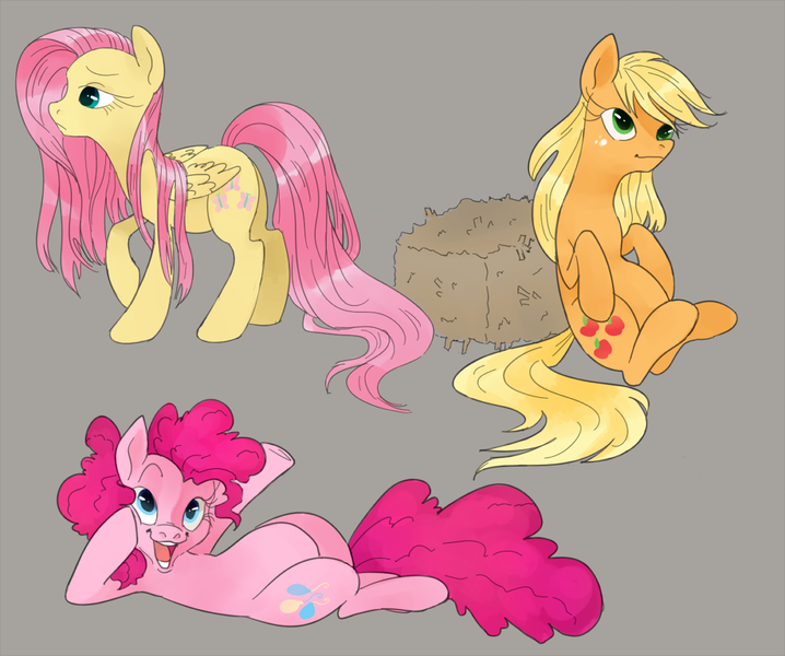 Size: 1000x836 | Tagged: safe, artist:swev, derpibooru import, applejack, fluttershy, pinkie pie, pony, cute, hay bale, side, smiling