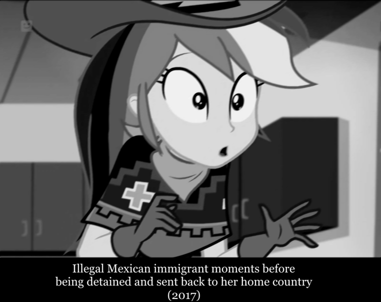 Size: 1134x900 | Tagged: safe, artist:paintanon, derpibooru import, edit, edited screencap, screencap, rainbow dash, dance magic, equestria girls, spoiler:eqg specials, black and white, clothes, deportation, fake history, gloves, grayscale, mexican, monochrome, politics, sombrero, surprised, wat