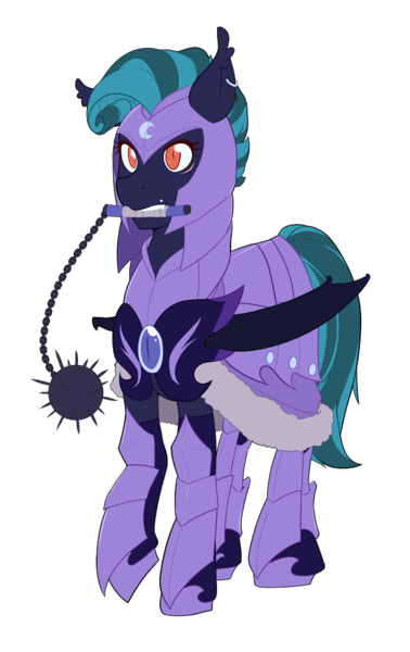 Size: 599x950 | Tagged: safe, artist:mylittlesheepy, derpibooru import, oc, oc:midnight chastise, unofficial characters only, bat pony, pony, armor, captain, custom armor, ear piercing, eye scar, fangs, female, flail, mare, piercing, scar, simple background, tall pone, transparent background, weapon