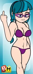 Size: 2280x5000 | Tagged: suggestive, artist:mrmaclicious, derpibooru import, juniper montage, equestria girls, spoiler:eqg specials, absurd resolution, belly button, bikini, bra, breasts, busty juniper montage, cleavage, clothes, female, fuck you, human coloration, lidded eyes, lip bite, looking at you, middle finger, profane, purple underwear, sexy, solo, solo female, stupid sexy juniper montage, swimsuit, underwear, vulgar