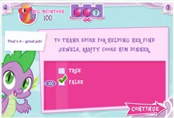 Size: 761x513 | Tagged: safe, derpibooru import, big macintosh, rarity, spike, dragon, equestrivia challenge, game, hubworld, text