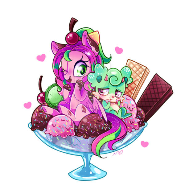 Size: 800x800 | Tagged: safe, artist:ipun, derpibooru import, oc, oc:gadget, oc:precious metal, unofficial characters only, pegasus, pony, bow, eating, female, food, hair bow, heart, heart eyes, ice cream, mare, ponies in food, simple background, tail bow, transparent background, waffle, watermark, wingding eyes