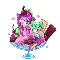 Size: 800x800 | Tagged: safe, artist:ipun, derpibooru import, oc, oc:gadget, oc:precious metal, unofficial characters only, pegasus, pony, bow, eating, female, food, hair bow, heart, heart eyes, ice cream, mare, ponies in food, simple background, tail bow, transparent background, waffle, watermark, wingding eyes