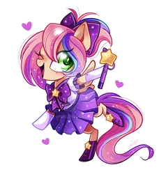 Size: 800x879 | Tagged: safe, artist:ipun, derpibooru import, oc, oc:sweet skies, unofficial characters only, pegasus, pony, blushing, boots, clothes, cute, female, heart, looking at you, magical girl, mare, moe, one eye closed, ponytail, shoes, simple background, skirt, skirt lift, solo, transparent background, watermark, wink