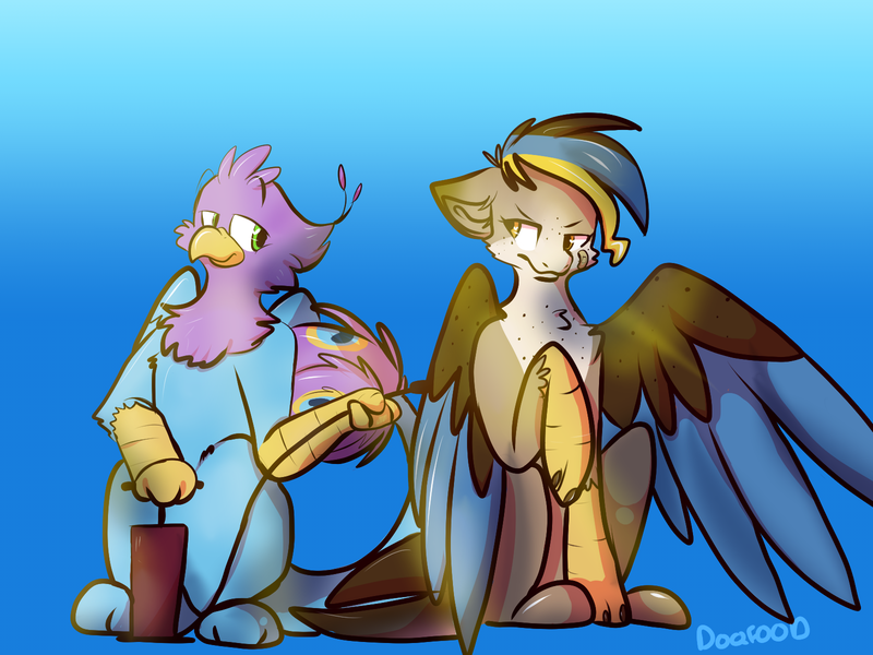 Size: 1600x1200 | Tagged: safe, artist:doqfood, derpibooru import, oc, oc:gertrude, oc:gyro feather, oc:gyro tech, unofficial characters only, gryphon, hippogriff, bike pump, griffonized, pump, species swap