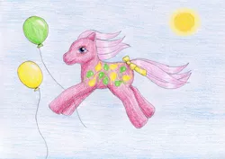 Size: 1024x723 | Tagged: safe, artist:normaleeinsane, derpibooru import, up up and away, pony, balloon, g1, solo, traditional art