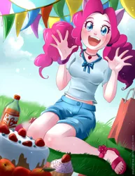 Size: 695x900 | Tagged: apple, artist:paulina-ap, blushing, cake, clothes, cupcake, cute, derpibooru import, diapinkes, eared humanization, feet, female, food, grass, human, humanized, jewelry, looking at you, necklace, open mouth, pinkie pie, safe, sandals, shirt, shorts, smiling, soda, solo, toes