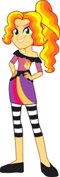 Size: 1126x3301 | Tagged: safe, artist:namygaga, derpibooru import, oc, oc:sunshine glow, unofficial characters only, pony, clothes, female, hand on hip, magical lesbian spawn, next generation, offspring, parent:adagio dazzle, parent:sunset shimmer, parents:sunsagio, simple background, smiling, transparent background