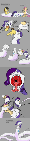 Size: 1024x4748 | Tagged: questionable, semi-grimdark, artist:mrleft, derpibooru import, rarity, oc, oc:digerie doo, oc:tripod heart, lamia, original species, absurd resolution, belly, coils, comic, constriction, crotch bulge, digestion, drool, female, fetish, heart, imminent vore, lamity, mawshot, open mouth, raripred, species swap, stomach noise, swallowing, throat bulge, tongue out, uvula, vore