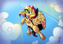 Size: 4961x3508 | Tagged: safe, artist:tony-retro, derpibooru import, sunset shimmer, alicorn, pony, absurd resolution, alicornified, chest fluff, crepuscular rays, flying, grin, race swap, shimmercorn, smiling, solo, unshorn fetlocks