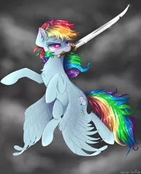 Size: 2237x2751 | Tagged: safe, artist:wacky-skiff, derpibooru import, rainbow dash, pony, my little pony: the movie, chest fluff, cloud, flying, mouth hold, saber, solo, stormcloud, weapon