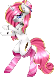 Size: 1513x2152 | Tagged: safe, artist:ohhoneybell, derpibooru import, oc, oc:pink lovely neko, unofficial characters only, pony, unicorn, :t, bipedal, choker, clothes, female, mare, simple background, socks, solo, striped socks, transparent background