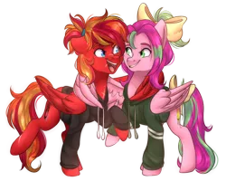 Size: 1024x818 | Tagged: safe, artist:slasharu, derpibooru import, oc, oc:fire strike, oc:precious metal, unofficial characters only, pegasus, pony, bow, clothes, female, hair bow, mare, simple background, tail bow, transparent background