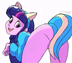 Size: 838x737 | Tagged: suggestive, artist:lamar_bone, derpibooru import, twilight sparkle, equestria girls, ass, bend over, bottomless, clothes, female, looking at you, looking back, nudity, partial nudity, pony ears, smiling, solo, solo female, strategically covered, tail censor, twibutt, wondercolts uniform