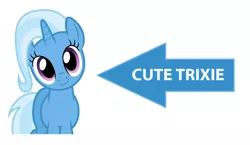 Size: 1042x604 | Tagged: safe, derpibooru import, trixie, pony, unicorn, arrow, captain obvious, caption arrow, cute, looking at you, simple background, smiling, solo, text, trixie is cute, truth, vector, white background