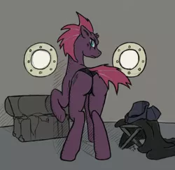 Size: 1280x1242 | Tagged: suggestive, artist:plifos, derpibooru import, tempest shadow, pony, unicorn, my little pony: the movie, armor, black underwear, broken horn, chest, clothes, eye scar, female, looking at you, looking back, looking back at you, mare, panties, plot, raised hoof, scar, solo, solo female, tempass, tempest shadow is not amused, unamused, underwear, undressing