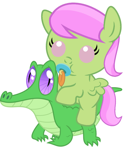 Size: 786x917 | Tagged: safe, artist:red4567, derpibooru import, gummy, merry may, pony, baby, baby pony, cute, pacifier, ponies riding gators, riding, simple background, white background