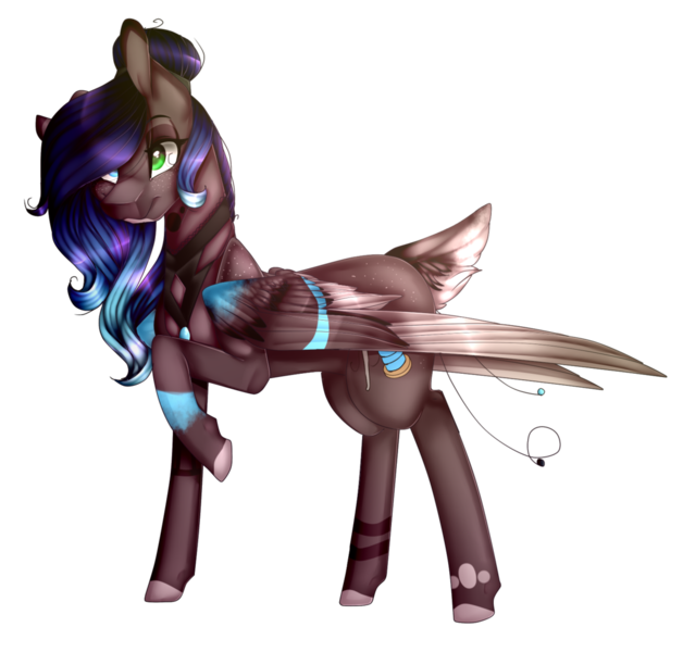 Size: 1024x979 | Tagged: safe, artist:xxmissteaxx, derpibooru import, oc, oc:amerilla, unofficial characters only, pegasus, pony, art trade, colored wings, deer tail, female, gradient mane, hair bun, heterochromia, mare, multicolored wings, raised hoof, simple background, solo, transparent background