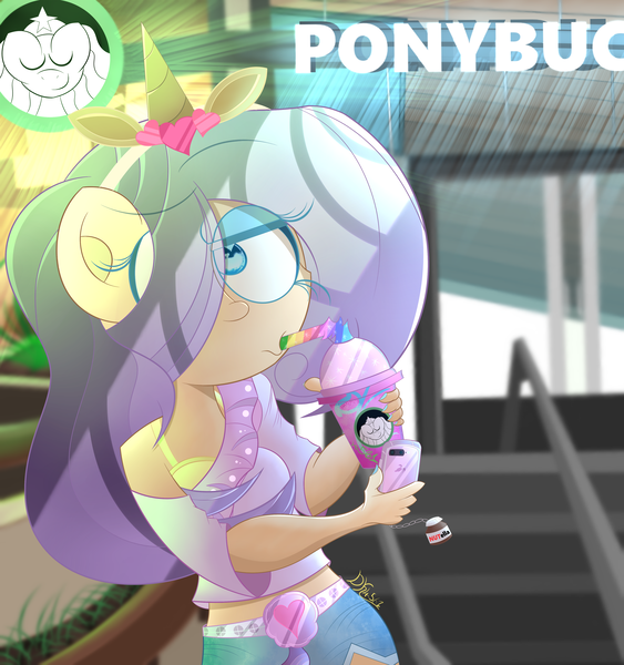 Size: 3750x4000 | Tagged: safe, artist:dannykay4561, derpibooru import, lily lace, ponified, human, pony, unicorn, honest apple, bra, clothes, drinking, female, food, humanized, makeup, mobile phone, nutella, parody, phone, raised eyebrow, smartphone, solo, starbucks, underwear, unicorn frappuccino