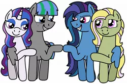 Size: 1943x1288 | Tagged: safe, artist:kindheart525, derpibooru import, oc, oc:prehnite, oc:radiant jewel, oc:spectral rush, oc:storm strike, unofficial characters only, pegasus, pony, unicorn, kindverse, female, lesbian, oc x oc, offspring, offspring shipping, parent:blossomforth, parent:fancypants, parent:limestone pie, parent:rainbow dash, parent:rarity, parent:soarin', parent:thunderlane, parent:zephyr breeze, parents:blossomlane, parents:raripants, parents:soarindash, parents:zephyrstone, shipping, simple background, white background