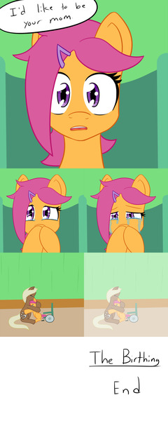 Size: 1600x4000 | Tagged: safe, artist:jake heritagu, derpibooru import, scootaloo, oc, oc:sandy hooves, pony, ask pregnant scootaloo, adoption, comic, crying