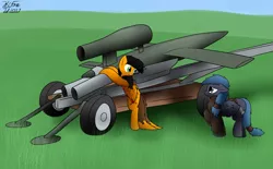 Size: 3131x1941 | Tagged: safe, artist:the-furry-railfan, derpibooru import, oc, oc:night strike, oc:twintails, unofficial characters only, pegasus, pony, cart, clothes, cruise missile, fieseler fi 103, grass field, invention, jacket, missile, pulsejet, this will end in balloons, v-1, worried