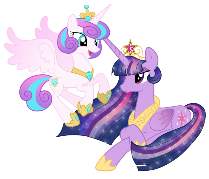 Size: 3506x3000 | Tagged: safe, artist:jennieoo, derpibooru import, princess flurry heart, twilight sparkle, twilight sparkle (alicorn), alicorn, pony, aunt and niece, big crown thingy, colored wings, duo, ethereal mane, female, galaxy mane, gradient wings, jewelry, mare, older, older twilight, regalia, simple background, starry mane, transparent background, ultimate twilight