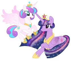 Size: 3506x3000 | Tagged: safe, artist:jennieoo, derpibooru import, princess flurry heart, twilight sparkle, twilight sparkle (alicorn), alicorn, pony, aunt and niece, big crown thingy, colored wings, duo, ethereal mane, female, galaxy mane, gradient wings, jewelry, mare, older, older twilight, regalia, simple background, starry mane, transparent background, ultimate twilight