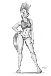 Size: 1000x1484 | Tagged: abs, anthro, artist:baron engel, breasts, broken horn, busty tempest shadow, clothes, derpibooru import, eye scar, female, grayscale, long legs, looking at you, mare, monochrome, muscles, my little pony: the movie, pencil drawing, scar, simple background, sketch, smiling, solo, solo female, suggestive, swimsuit, tempest shadow, temple shadow, toned, traditional art, unguligrade anthro, white background