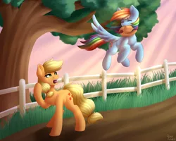 Size: 2500x2000 | Tagged: safe, artist:spirit-dude, derpibooru import, applejack, rainbow dash, pegasus, pony, cowboy hat, crepuscular rays, cute, dirt path, duo, eyes closed, fence, freckles, grass, hat, mouth hold, open mouth, raised hoof, request, requested art, stetson, tongue out, tree