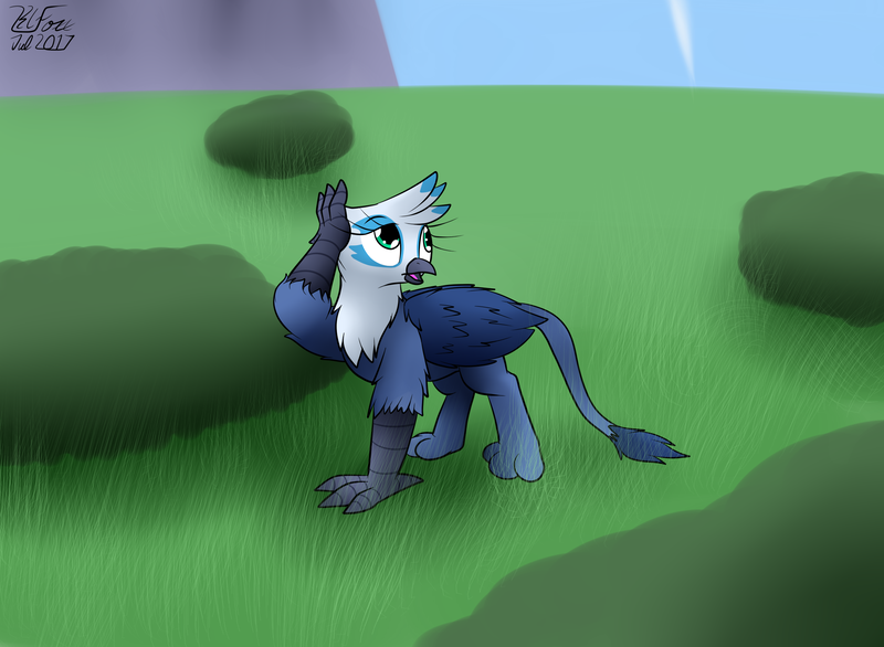 Size: 2469x1810 | Tagged: safe, artist:the-furry-railfan, derpibooru import, oc, oc:gustriana, unofficial characters only, gryphon, bush, confused, contrail, grass field, mountain, this will end in balloons, this will end in explosions