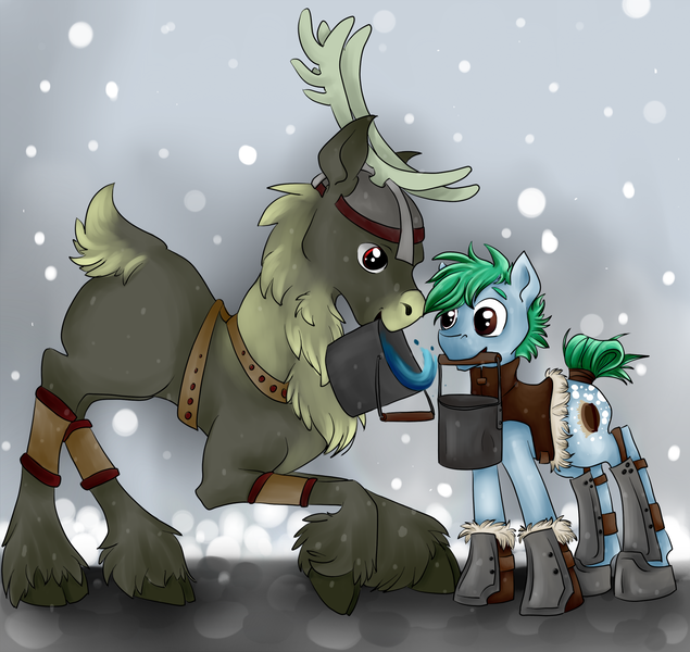 Size: 1402x1324 | Tagged: safe, artist:chromaflow, derpibooru import, oc, unofficial characters only, earth pony, pony, bucket, caribou, male, mouth hold, stallion, viking caribou, water