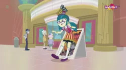 Size: 1136x638 | Tagged: safe, derpibooru import, screencap, geri, juniper montage, pearly stitch, equestria girls, mirror magic, spoiler:eqg specials, apron, background human, bus driver, canterlot mall, clothes, glasses, teletoon