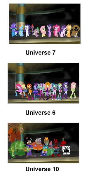 Size: 718x1413 | Tagged: safe, derpibooru import, adagio dazzle, applejack, aria blaze, fluttershy, pinkie pie, rainbow dash, rarity, sci-twi, sonata dusk, spike, starlight glimmer, sunset shimmer, trixie, twilight sparkle, zecora, dragon, earth pony, pegasus, pony, unicorn, zebra, equestria girls, david hasselhoff, dragon ball super, flying dutchman, frankendoodle, image, jpeg, mane seven, mane six, mermaid man, mermaid man and barnacle boy v, mr. krabs, patrick star, sandy cheeks, sheldon j. plankton, spongebob squarepants, spongebob squarepants (character), squidward tentacles, the spongebob squarepants movie, tournament of power, universe survival arc