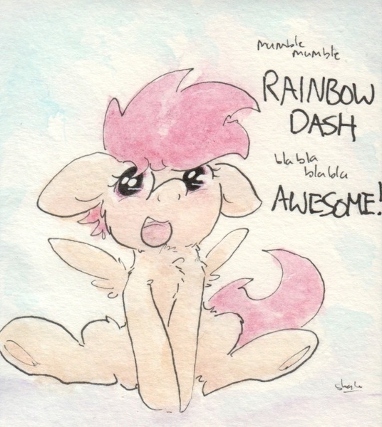 Size: 696x779 | Tagged: safe, artist:slightlyshade, derpibooru import, scootaloo, pony, chest fluff, dialogue, floppy ears, sitting, solo, traditional art