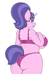 Size: 2296x3000 | Tagged: suggestive, artist:stunnerpone, derpibooru import, cookie crumbles, anthro, unicorn, full service playing cards, ass, big breasts, bra, breasts, busty cookie crumbles, clothes, ear piercing, earring, female, huge breasts, jewelry, looking back, mare, milf, mother, piercing, plump, rear view, simple background, solo, solo female, transparent background, underwear